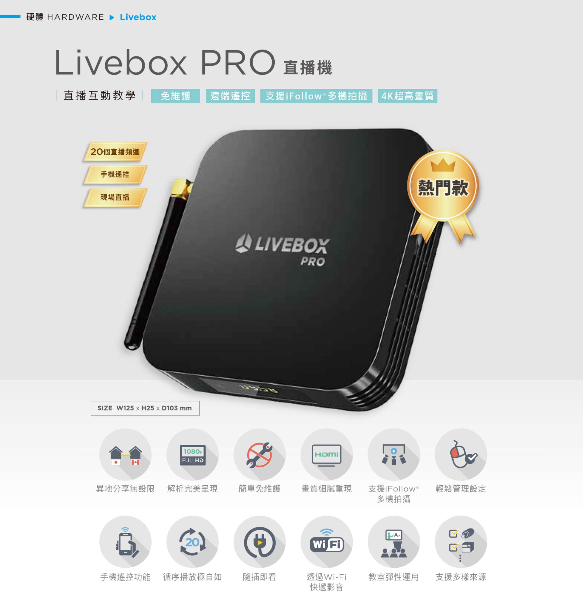 Livebox PRO 直播機支援 4K 超高畫質與 iFollow 多機拍攝技術,具備20路同步直播、手機遙控、Wi-Fi 快速投影與 HDMI 高畫質輸出,操作簡單免維護、支援循序播放與異地同步收看,適用於教室直播、即時互動教學與多場景教學應用,是整合彈性播放、多樣來源與遠端操控的智慧直播盒設備。